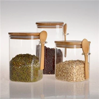 3 vnt skaidraus kvadratinio stiklo stiklainis su bambukiniais dangteliais